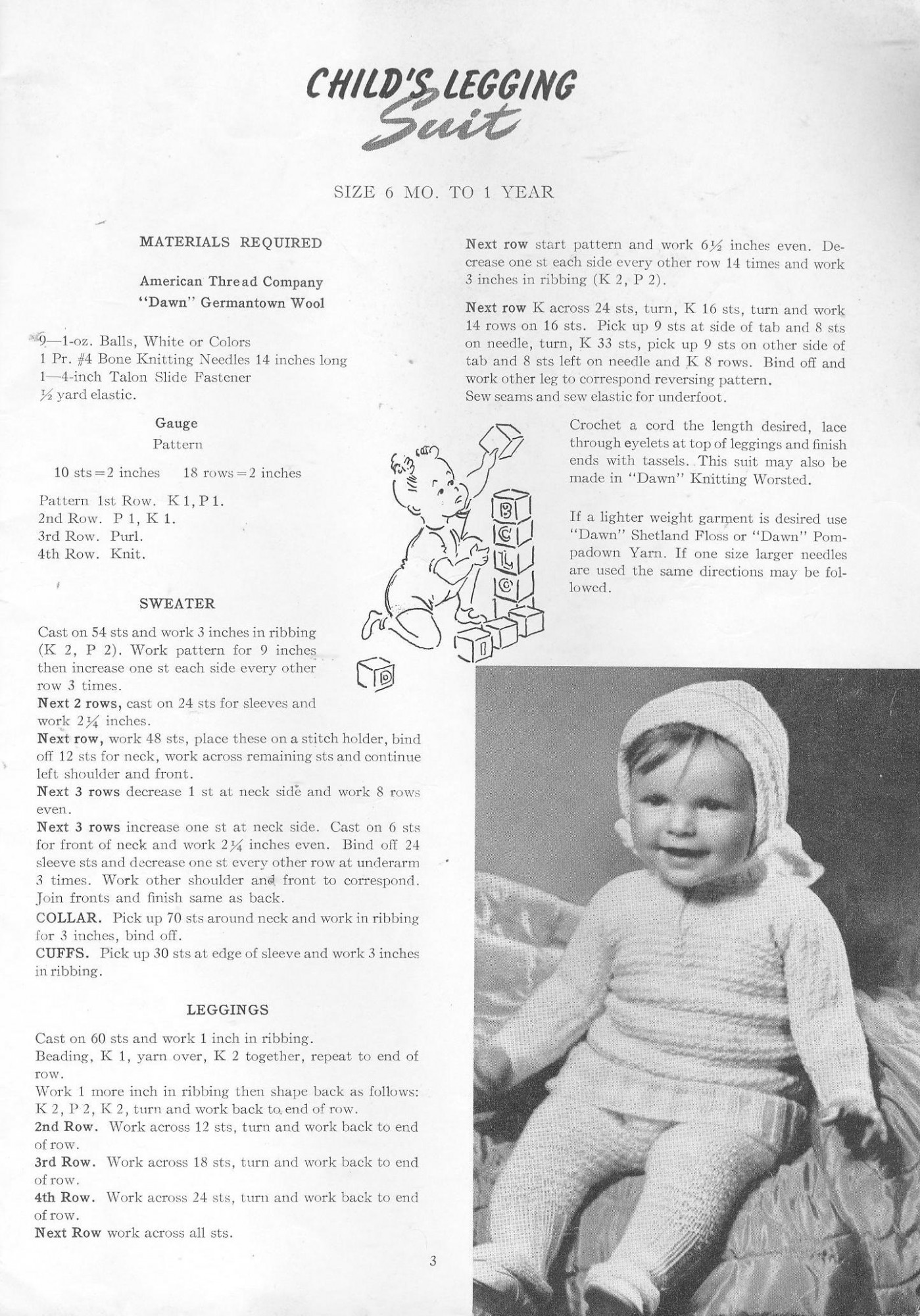 vintage knitting pattern babies leggings sweater