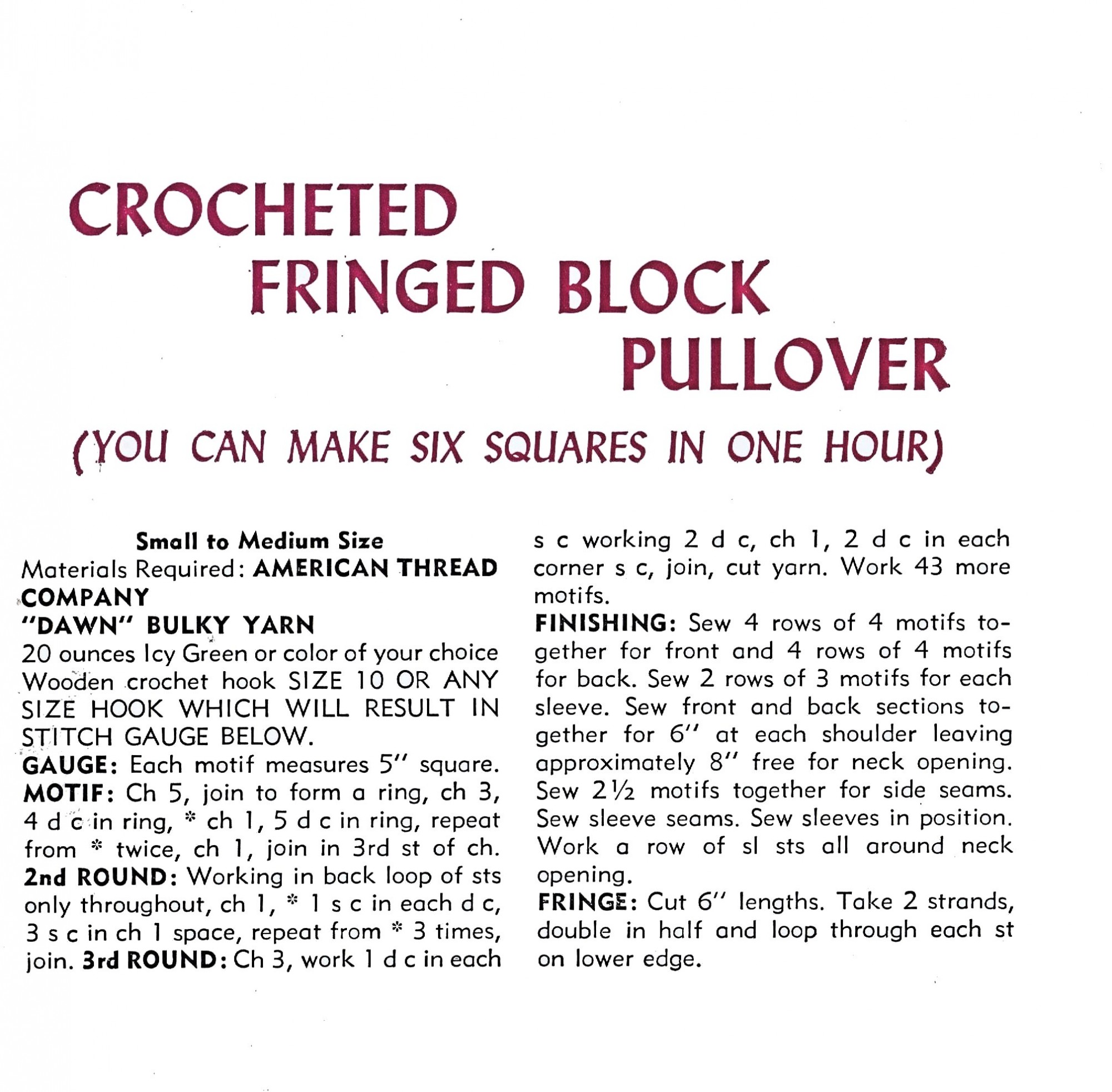 Lesson Two - Crochet Tutorial Vintage 60s Crocheted Fringed Color Block Pullover Sweater Pattern