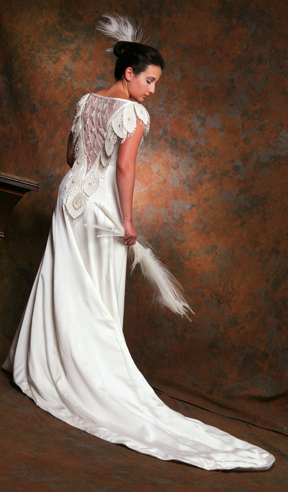 SPECIAL INTRODUCTORY SALE White Peacock Gown, Backless Wedding Dress or Evening Gown by MaryGwyneth Fine Wearable Art