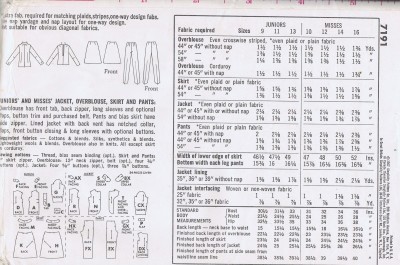 7191 Vintage Simplicity Pants Jacket Skirt Sewing Pattern Bust 36 Hip 40 Inches