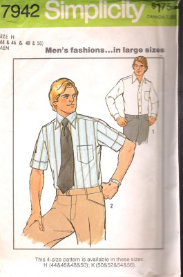 Vintage 7942 Simplicity Sewing Pattern features two Men's Shirts with top-stitching with left front band button closing has shirt collar, yoke, and set-in sleeves.