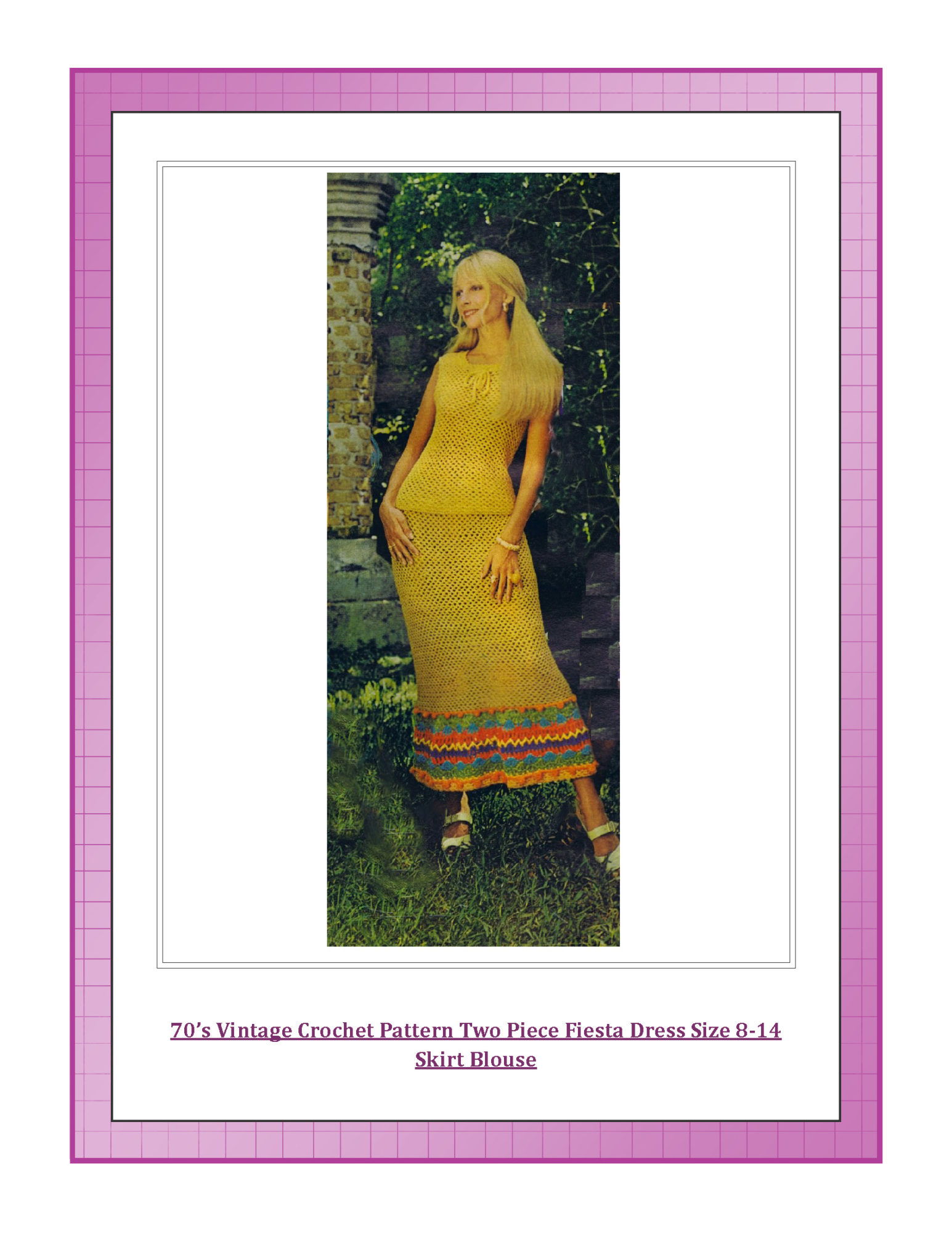 70’s Vintage Crochet Pattern Two Piece Fiesta Dress Size 8-14 Skirt Blouse 