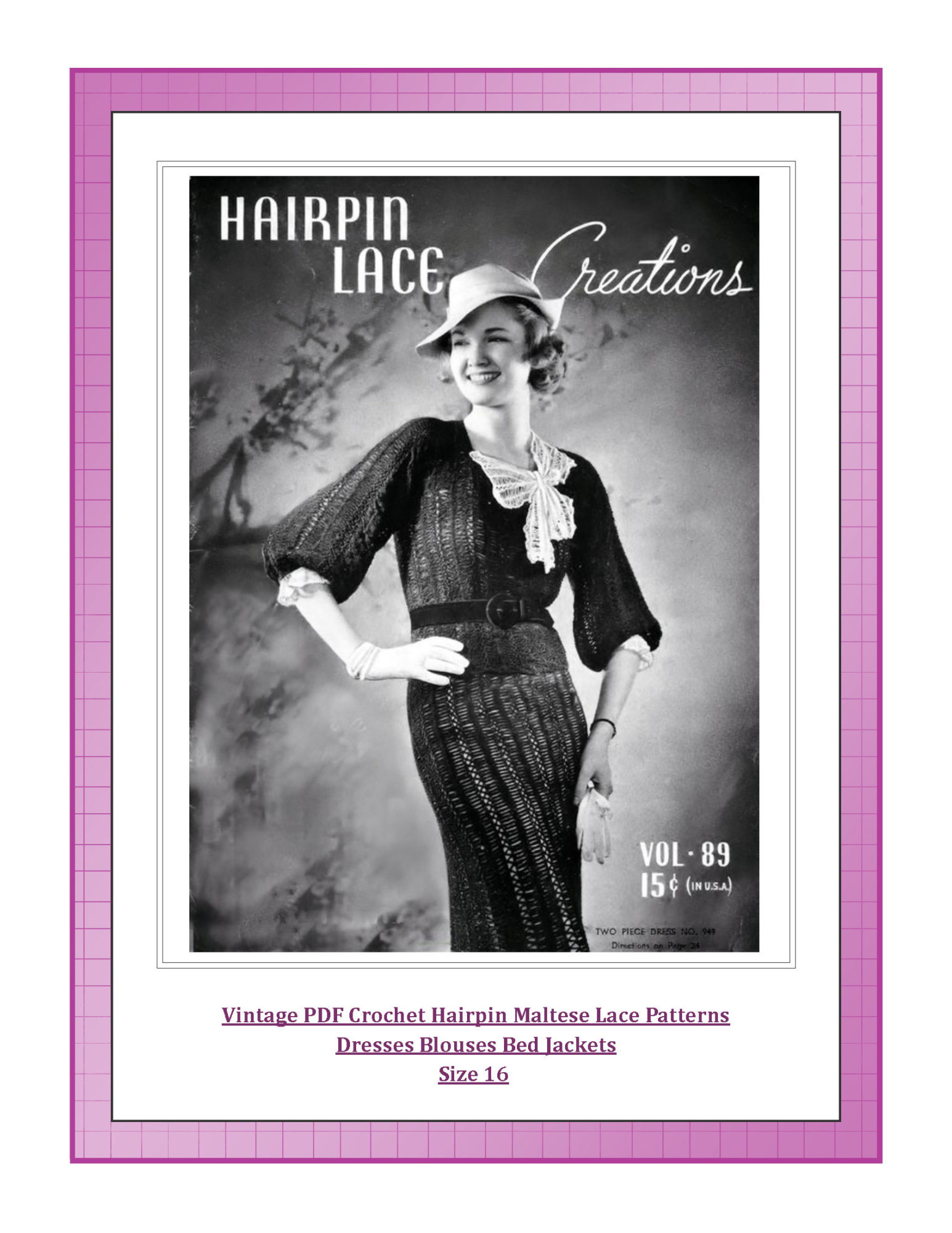 Vintage PDF Crochet Hairpin Maltese Lace Patterns Dresses Blouses Bed Jackets Size 16 
