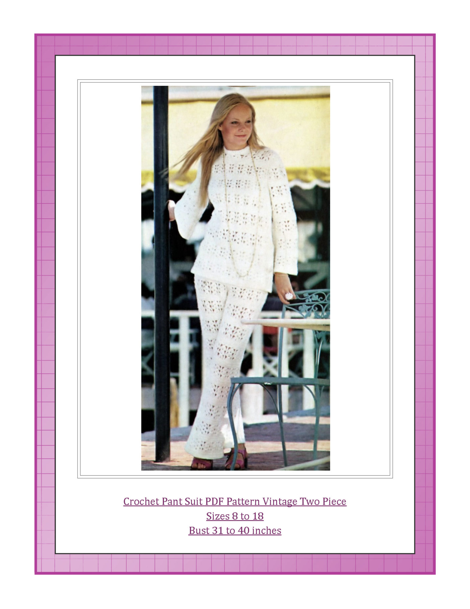 Crochet Pant Suit PDF Pattern Vintage Two Piece Sizes 8 to 18 Bust 31 to 40 inches