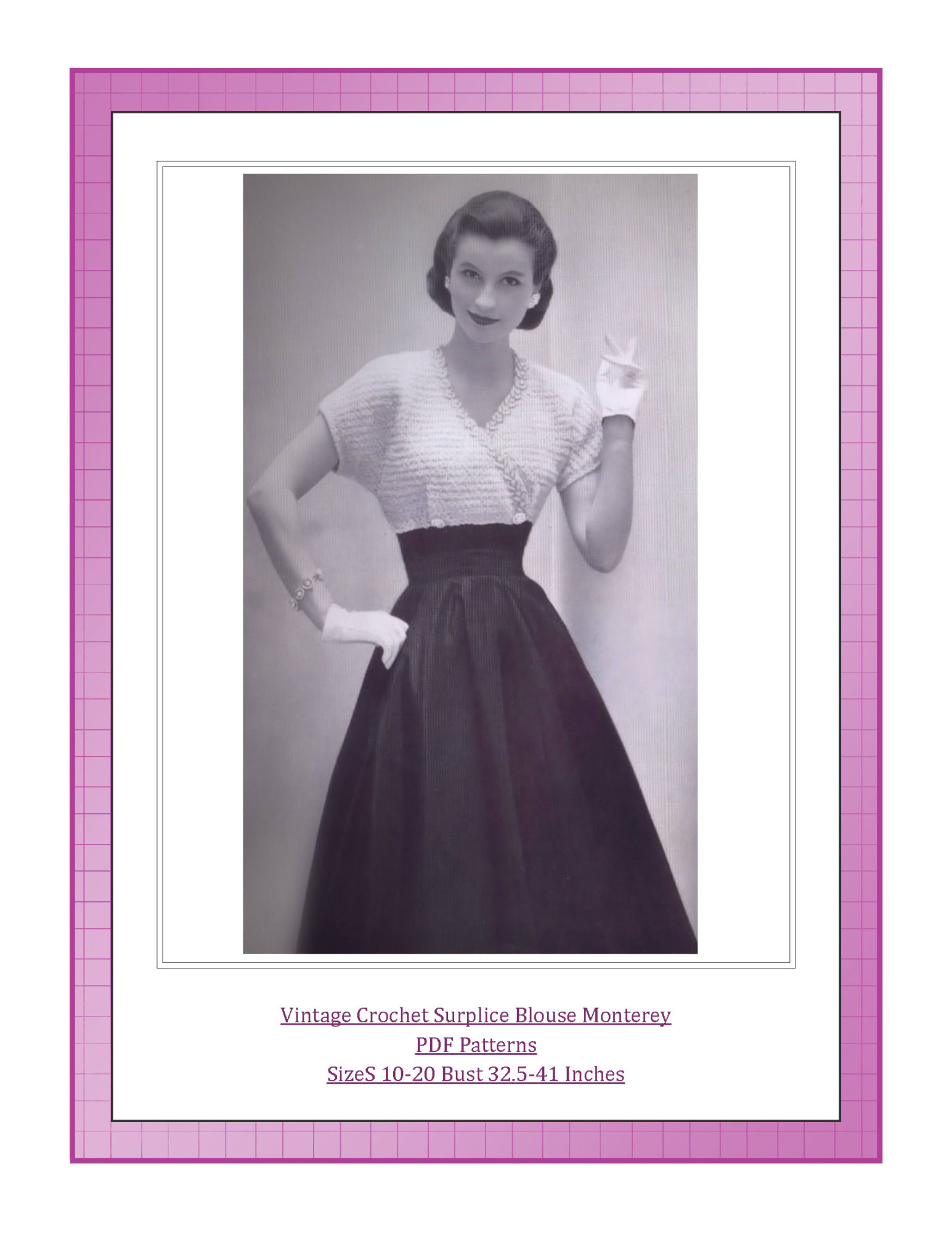 Vintage Crochet Surplice Blouse Monterey PDF Patterns Sizes 10-20 Bust 32.5-41 Inches
