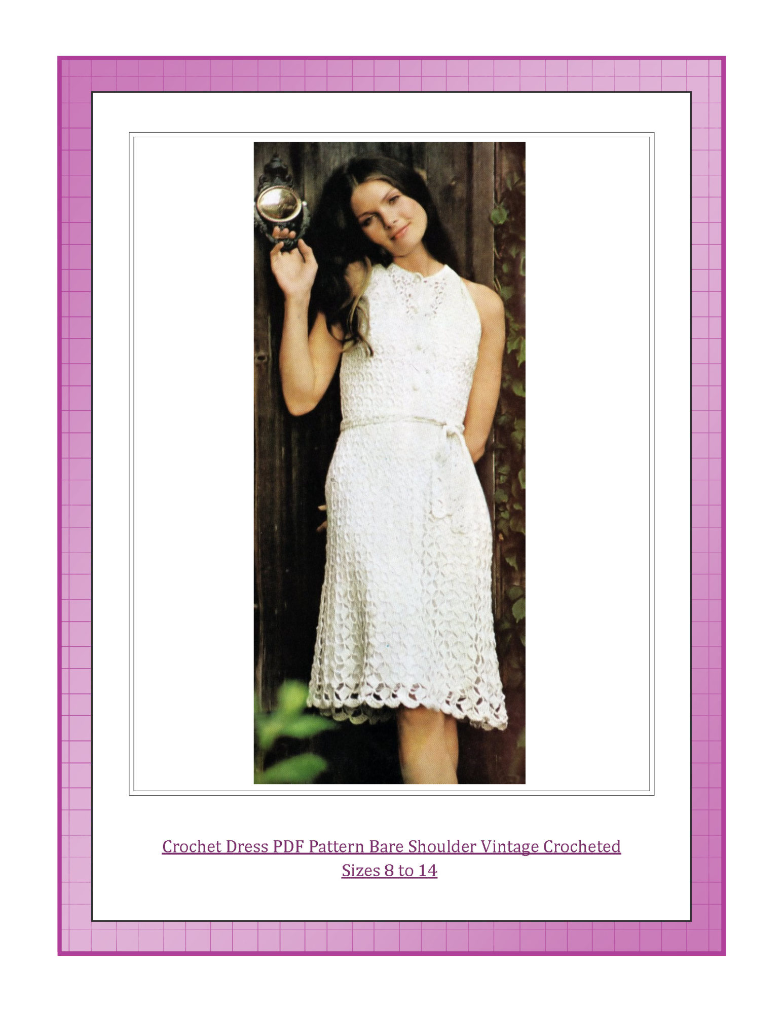 Crochet Dress PDF Pattern Bare Shoulder Vintage Crocheted Sizes 8 to 14