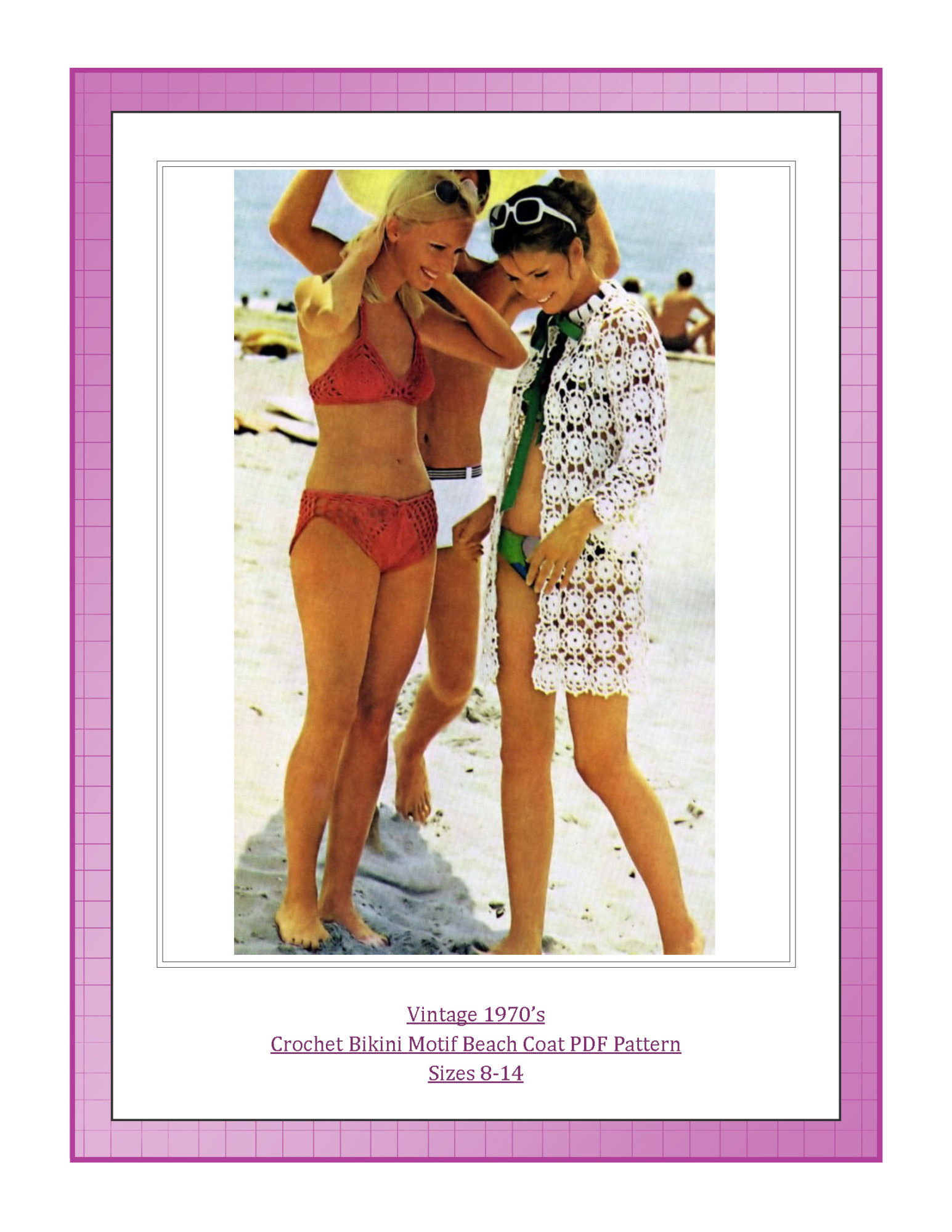 Vintage 1970’s Crochet Bikini Motif Beach Coat PDF Pattern Sizes 8-14