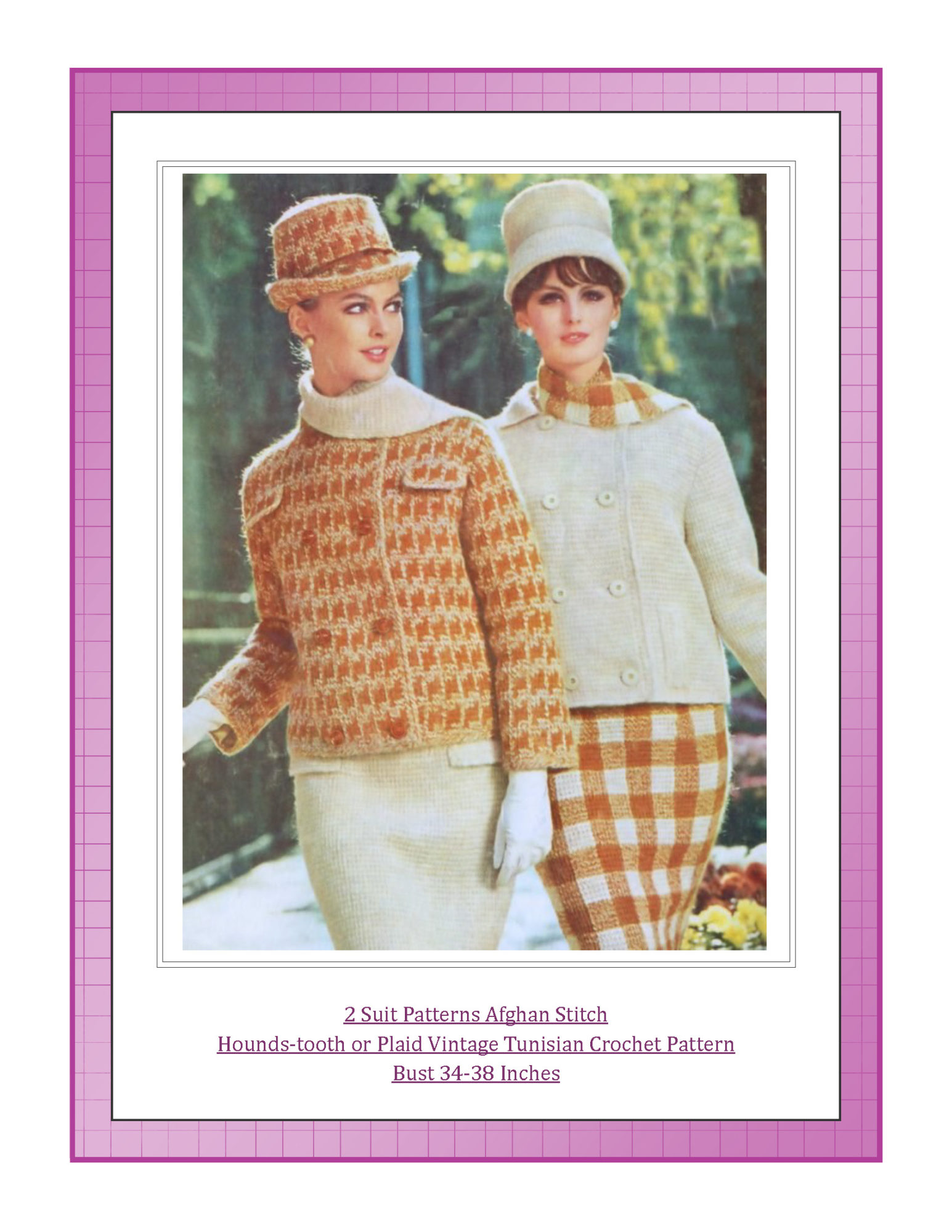 2 Suit Patterns Afghan Stitch Hounds-tooth or Plaid Vintage Tunisian Crochet Pattern Bust 34-38 Inches