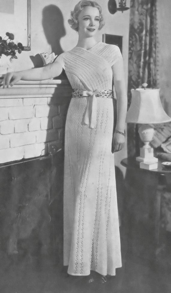 Grecian Surplice Evening Dress 1940's Knitting Pattern Bust 34-36"