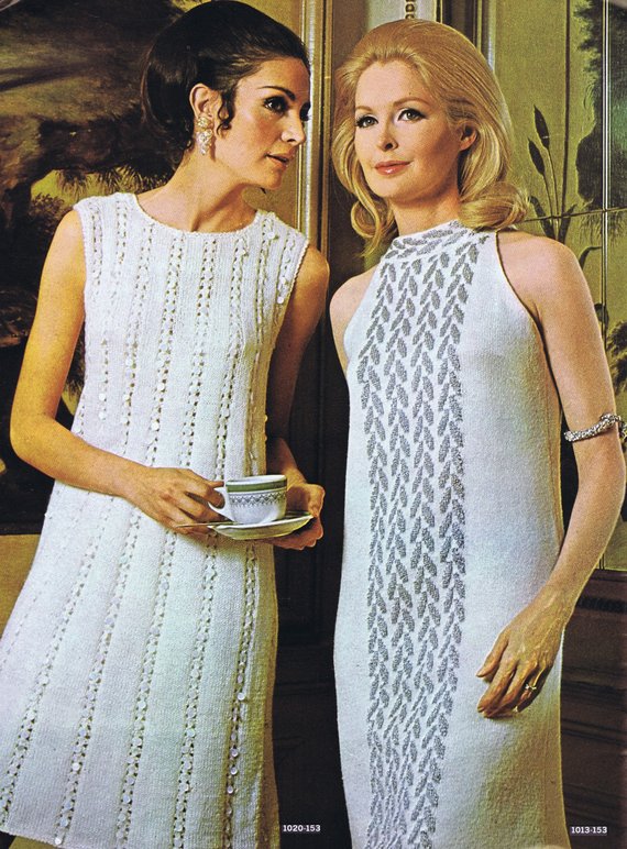 Two Knitting PDF Patterns Sequin Trim Dress Cold Shoulder Grecian Dress Sizes 8-18 