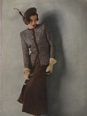 Vintage fashion pattern featuring a tailored suit ensemble